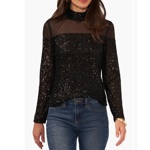 Vince Camuto Illusion Yoke Sequin Mick Neck Top Sz Small - NWT - Picture 3 of 9